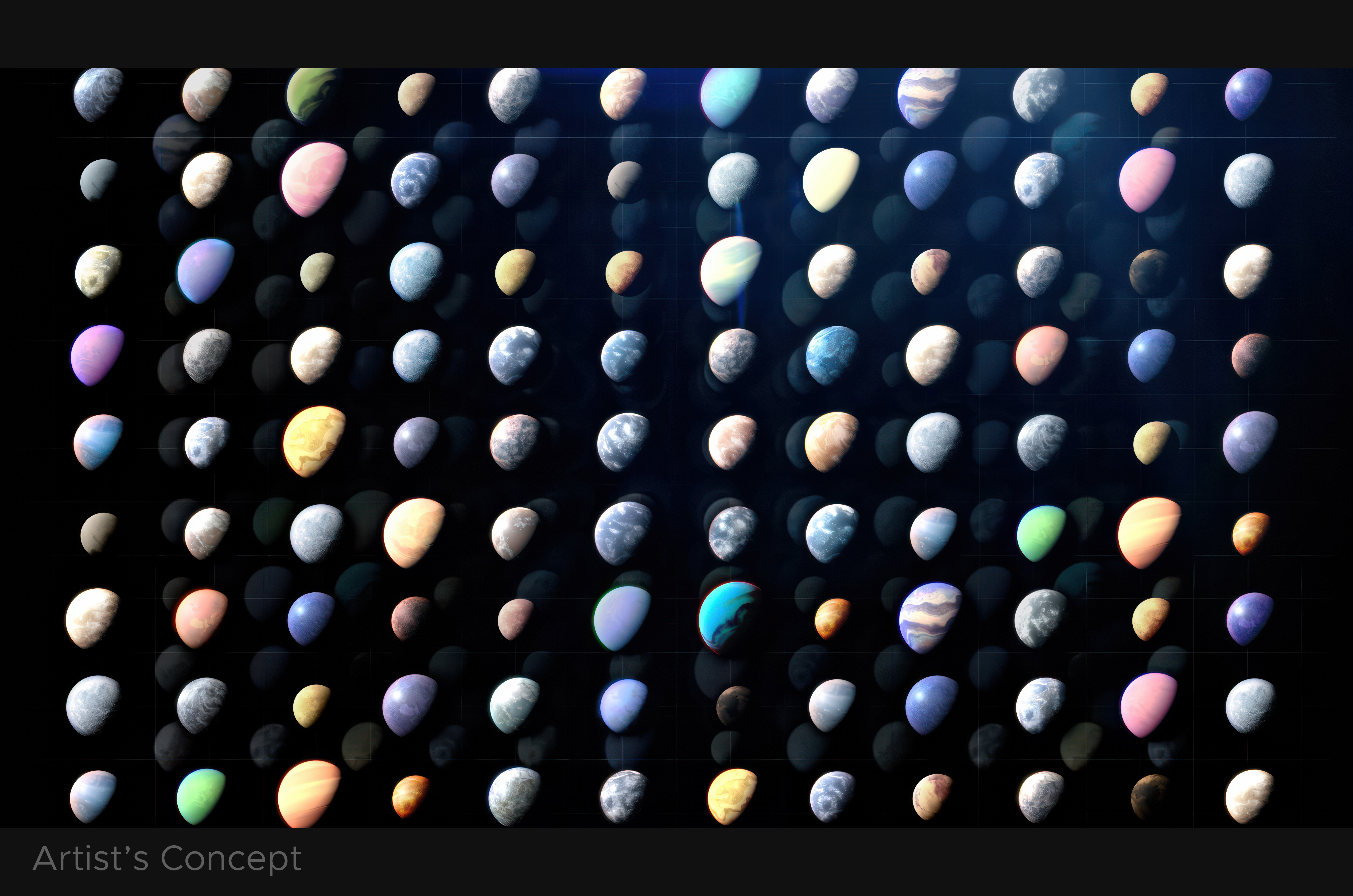 NASA artist's concept showing a grid of more than 6,000 diverse exoplanets, each rendered as a small globe with different colors, textures, and atmospheres
