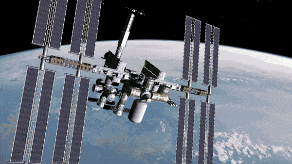 Cartoon showing space weather affecting communications from a satellite and the Space Station