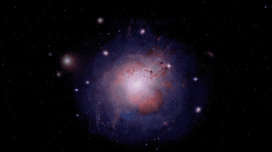 This animated GIF opens on a galaxy in the background upon which a pie chart is drawn. A radius of the circular chart sweeps around counterclockwise, the first 5% of the circle represents visible matter at 5% of the known matter of the universe. The next 27% is dark matter. The final 68% is dark energy.