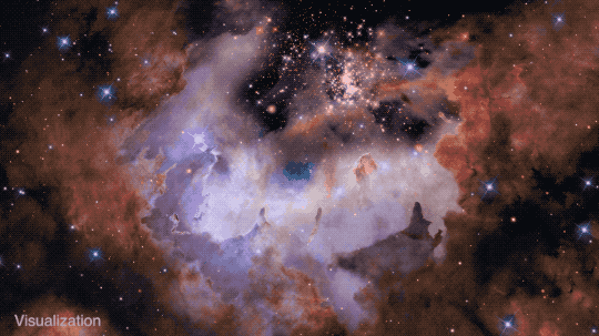 This visualization provides a three-dimensional perspective on Hubble's image of the nebula Gum 29 with the star cluster Westerlund 2 at its core. The flight traverses the foreground stars and approaches the lower left rim of the nebula Gum 29. Passing through the wispy darker clouds on the near side, the journey reveals bright gas illuminated by the intense radiation of the newly formed stars of cluster Westerlund 2. Within the nebula, several pillars of dark, dense gas are being shaped by the energetic light and strong stellar winds from the brilliant cluster of thousands of stars. Credit: NASA, ESA, G. Bacon, L. Frattare, Z. Levay, and F. Summers (Viz3D Team, STScI), and J. Anderson (STScI)