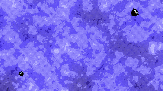 This animation opens with a mottled purple background with splotches of lighter and darker shades of purple. As the animation progresses, round black birds, each representing a black hole, appear scattered across the image. Each black hole bird has an orange beak, two small horn-shaped ear tufts on top of their head, small wings on either side, and narrow legs. At the end of the animation, a line of question marks swipes across the image from the lower left to the upper right.