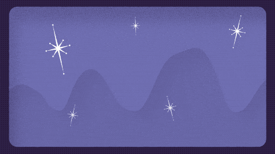 This animation opens with just a purple background and a few stylized stars scattered around. Then a cartoon black hole pops up from the middle of the frame and waves. Then objects appear around the black hole including a unicorn, planet, asteroid, sun, rocket, and camera. These objects orbit as the black hole watches.