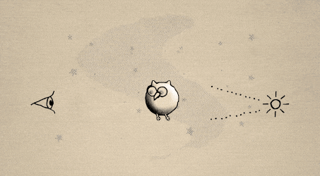This animation is an illustration of gravitational lensing. The background looks like aged paper, and all drawings are made of lines as though a pen drew them. At the center of the diagram is a black hole bird that looks like a stylized owl. To the far right is a star and on the far left is an eye looking toward the star. The black hole bird lies directly between the star and the eye. Dotted lines, representing light from the star, are shown to arc above and below the black hole bird, in the same way light can be lensed, or redirected, by a massive object between the object that emits the light and the viewer.