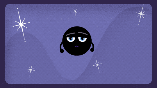 This animation opens with a round black hole character, represented by a black circle with half-circle eyes and two small arms, sitting in the center of a purple background with stylized stars scattered around. Then the camera zooms out until the black hole is tiny at the center of the image. A small red circle is drawn around the black hole with a note saying “Not Safe.” Dotted around the rest of the image is the word “Safe” repeated many times. Then the animation reverses, the words disappear and it zooms back into the black hole.