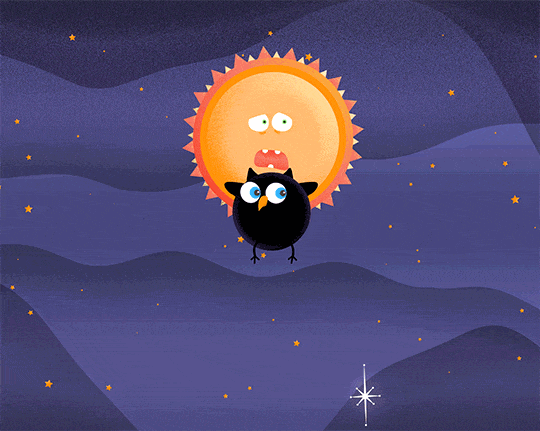 Against a purple background dotted with orange stars, a black hole bird and a large star orbit each other. The black hole bird character is a round black bird, representing a black hole, with an orange beak, two round eyes, two small horn-shaped ear tufts on top of their head, small wings on either side, and narrow stick-like legs. As they circle the large star, they flap their wings, spin around, and bop their head. The large star character is depicted as a large orange circle with pulsating yellow and orange spikes around its edges. As it circles the black hole bird, its face shows a worried expression with eyes darting around and open mouth nervously shaking.