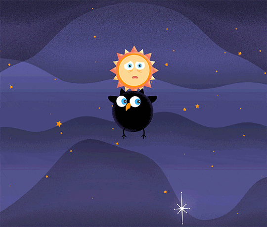 Against a purple background dotted with orange stars, a black hole bird and a small star orbit each other. The black hole bird character is a round black bird, representing a black hole, with an orange beak, two round eyes, two small horn-shaped ear tufts on top of their head, small wings on either side, and narrow stick-like legs. As they circle the small star, they flap their wings, spin around, and bop their head. The small star character is depicted as a large yellow circle with pulsating yellow and orange spikes around its edges. As it orbits the black hole bird, its face shows a worried expression with a frowning face and eyes darting around.