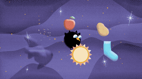 Against a purple background dotted with orange stars sits a black hole bird with objects in orbit around it. The black hole bird character is a round black bird, representing a black hole, with an orange beak, two round eyes, two small horn-shaped ear tufts on top of their head, small wings on either side, and narrow stick-like legs. Around it are a star, a gray cloud of material, an apple, a potato, a left sock, and a star. There’s a bright flash from near the black hole bird, and when it is visible again it has a disk of pink and blue swirls representing an accretion disk.