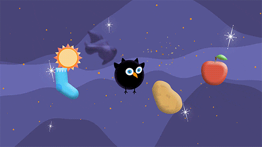 Against a purple background dotted with orange stars sits a black hole bird with objects in orbit around it. The black hole bird character is a round black bird with an orange beak, two round eyes, two small horn-shaped ear tufts on top of their head, small wings on either side, and narrow stick-like legs. Around it are a star, a gray cloud of material, an apple, a potato, a left sock and a star. As the objects circle, the black hole bird watches them, flapping its wings, and occasionally spinning around.