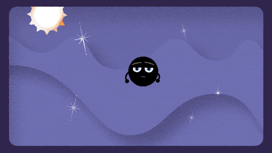 The animation opens with a cartoon black hole sitting in the middle of a purple background with a few stylized stars scattered around. The black hole watches a small star come into the scene from the upper left, moving toward the black hole. When it gets close, the side of the star close to the black hole stretches out forming a stream of material that circles the black hole. The material turns into an accretion disk that’s represented by swirls in shades of orange around the middle of the black hole. The black hole watches the star as it is shredded, then looks outward and raises its arms as if putting them on its hips.