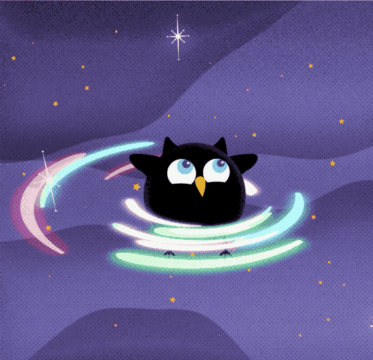 Against a purple background dotted with orange stars sits a black hole bird with bright swirls of pink, green, and blue circling around, representing an accretion disk. The black hole bird character is a round black bird, representing a black hole, with an orange beak, two round eyes, two small horn-shaped ear tufts on top of their head, small wings on either side, and narrow stick-like legs. As the bird flaps and looks around, a flash of light comes from its top and bottom. Then plumes of white and pink shoot out from its top and bottom representing jets of material.