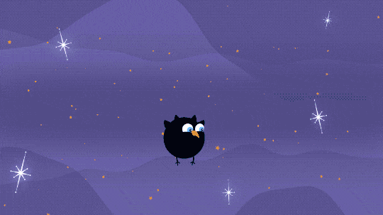 Against a purple background dotted with orange stars and a few stylized white stars sits a black hole bird. The black hole bird character is a round black bird, representing a black hole, with an orange beak, two round eyes, two small horn-shaped ear tufts on top of their head, small wings on either side, and narrow stick-like legs. The bird spins as a flash of light signals the bird gaining an accretion disk wish, which is shown as bright swirls of pink, green, and blue encircling it. A glittering disco ball enters the scene from above and under the bird is a flashing dance floor. Another flash of light and plumes of white and pink shoot out from its top and bottom, representing jets of material. Then the bird hops up and down as if dancing.