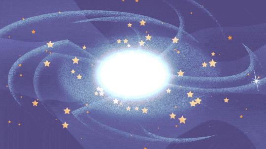 Against a purple background dotted with orange stars and a few stylized white stars sits a cartoon galaxy made of a bright round center, yellow stars orbiting, and wispy swirls representing spiral arms. The galaxy recedes a bit, and then a small circle pops out with an arrow indicating it is a magnification of the galaxy’s center. In that small circle we see a giant black hole bird with a cloud of hazy material and a swarm of characters orbiting it. The giant black bird has a blue beak, two small horn-shaped ear tufts on top of their head, small wings on either side, and narrow legs, and it represents the supermassive black hole at the center of the galaxy. Surrounding the black bird are characters including small and large stars, pulsars, white dwarfs, and smaller black holes. Simultaneously, there is a flash that occurs near the black hole bird, in the zoomed-in magnification, and in the zoomed-out galaxy. Then jets appear in both, depicted as streams of pink and blue shooting out the top and bottom of the black hole bird and galaxy.