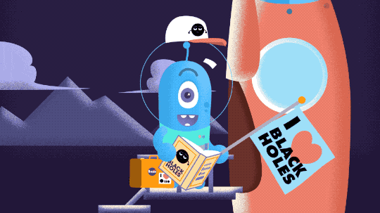 Against a purple background with a red rocket on the right, stands a smiling blue cartoon figure shaped like a round-topped cylinder with one eye and an antenna. They are wearing a bubble-shaped helmet, green space suit, and a baseball cap with a black hole figure. They hold a book on black holes in one hand and a flag that says “I heart black holes.” They are standing on a platform that leads into an open hole in the rocket. Then they drop the flag and pull out a brochure from their pocket. The scene then focuses on the brochure as it opens. The folded version, on the left, is a tall, narrow rectangle with the NASA logo in the upper right corner. There’s a black circle with narrowed eyes, representing a black hole, and the text: “Black Hole Safety Information Card.” Then it opens to show three panels, each with images of black holes, both cartoon depictions and other illustrations, along with illegible text between the images. Then the animation reverses so the brochure folds up, returns to the characters hands, they put it away and pick up the flag again