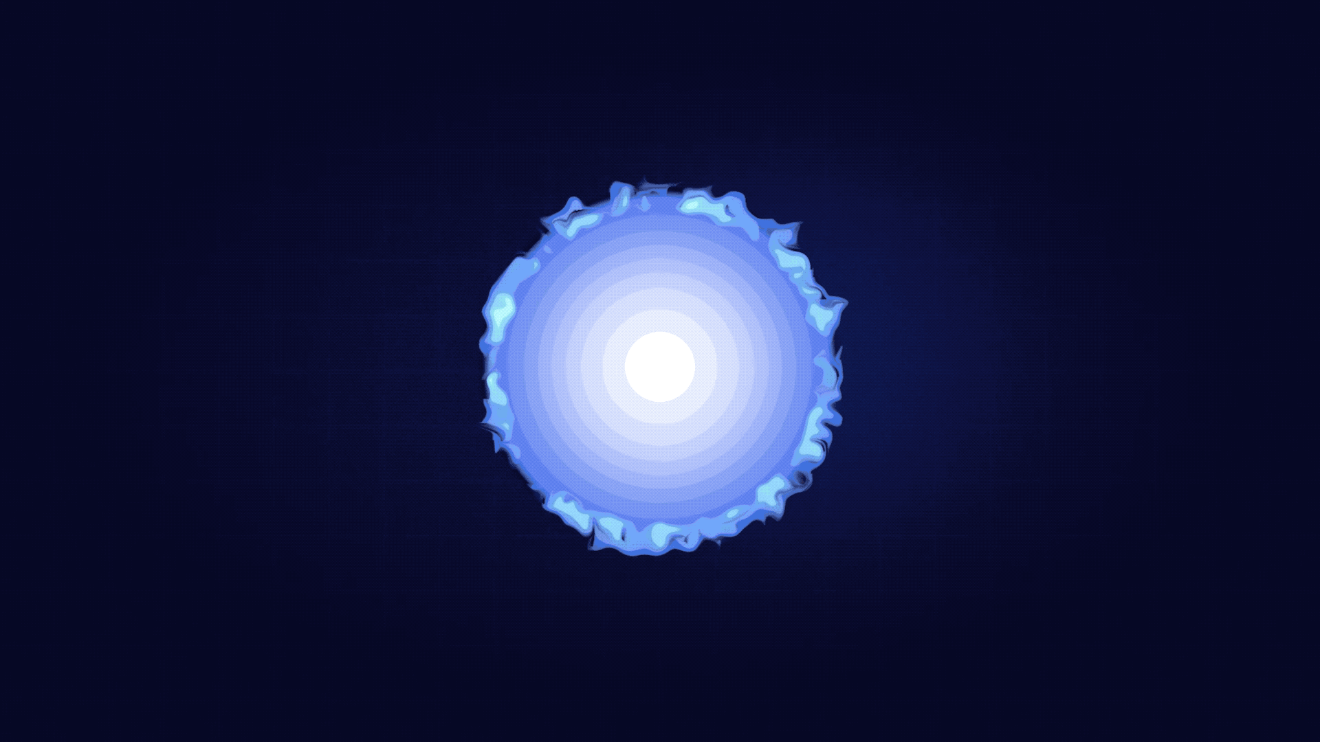 A massive star, represented by concentric circles of blue with a wavy edge, sits against a blue background. Then the circles start to move inward until a black circle representing a black hole appears. Then plumes of white material move outward from the black hole through the star. Once they reach space, the white plumes turn magenta. They continue to move further and further from the star, which then begins to expand in an explosion that fills the frame with white.