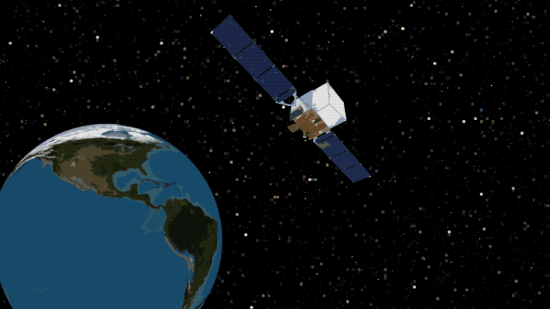 Cartoon with Earth and the Fermi Gamma-ray Telescope in space. A ripple passes by and a speech bubble from two spots on Earth say "did you hear that?" Then a bright flash in the sky appears, and a speech bubble from Fermi says, "no, but I sure saw it"