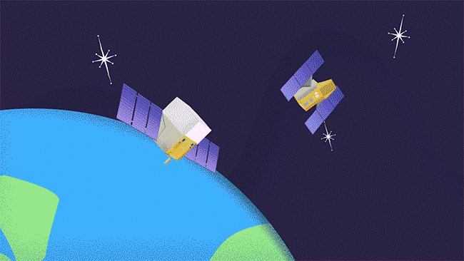 This animated GIF shows a cartoon depiction of two satellites above Earth watching for gamma-ray bursts.