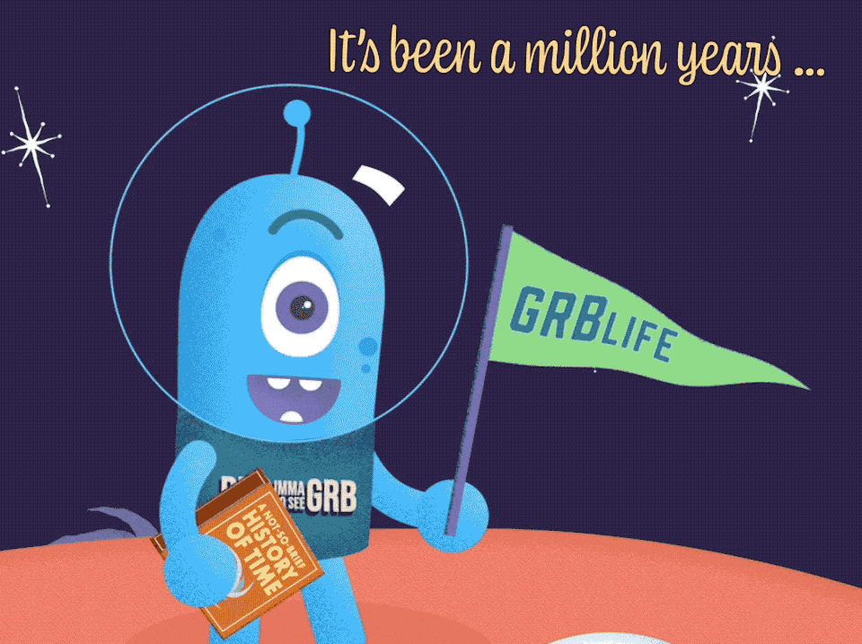 An animated GIF features NASA’s Traveler growing old waiting for a star to explode as a gamma-ray burst.