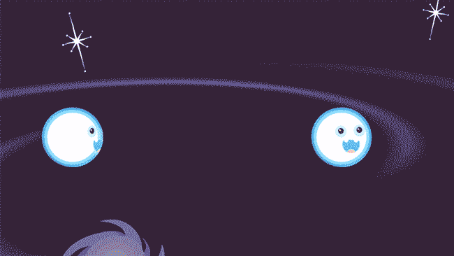 Two cartoon neutron stars come together in this animated GIF depiction of a short gamma-ray burst.