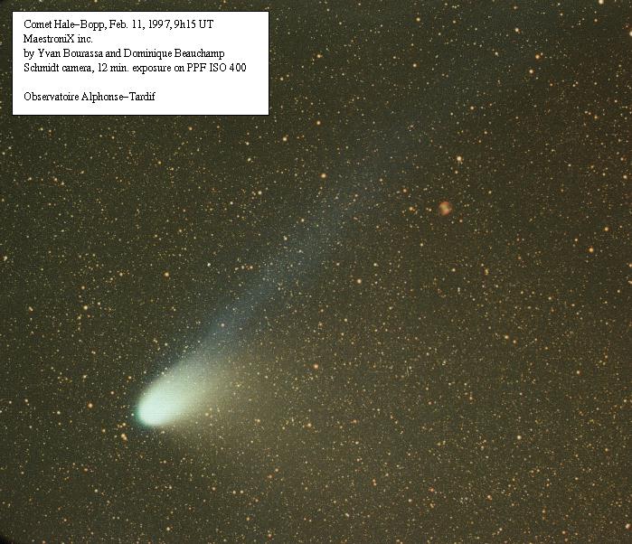 APOD: 1997 February 20 – Comet Hale-Bopp and the Dumbbell Nebula