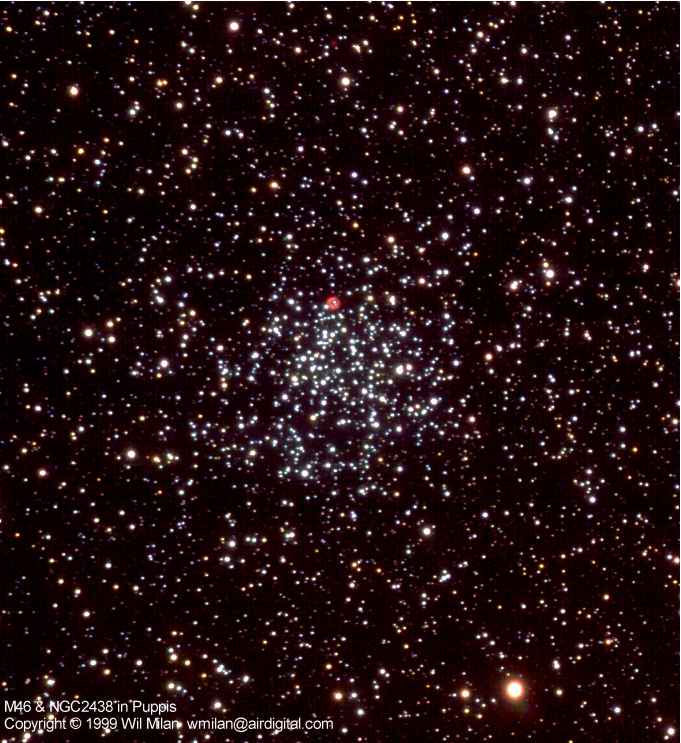 APOD: 1999 March 05 – M46 And NGC 2438: Young And Old