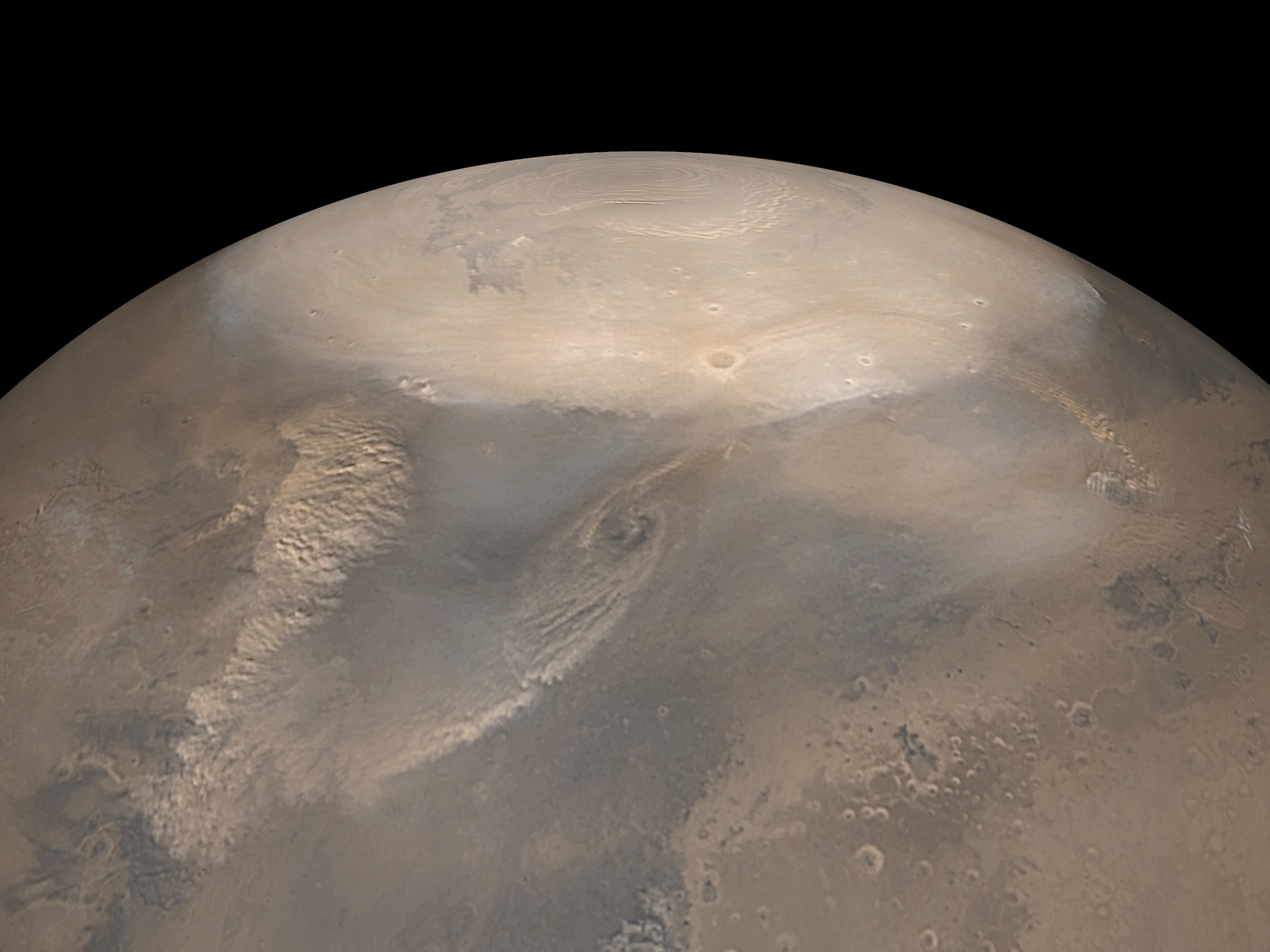 APOD: 2002 December 24 – Spring Dust Storms at the North Pole of Mars