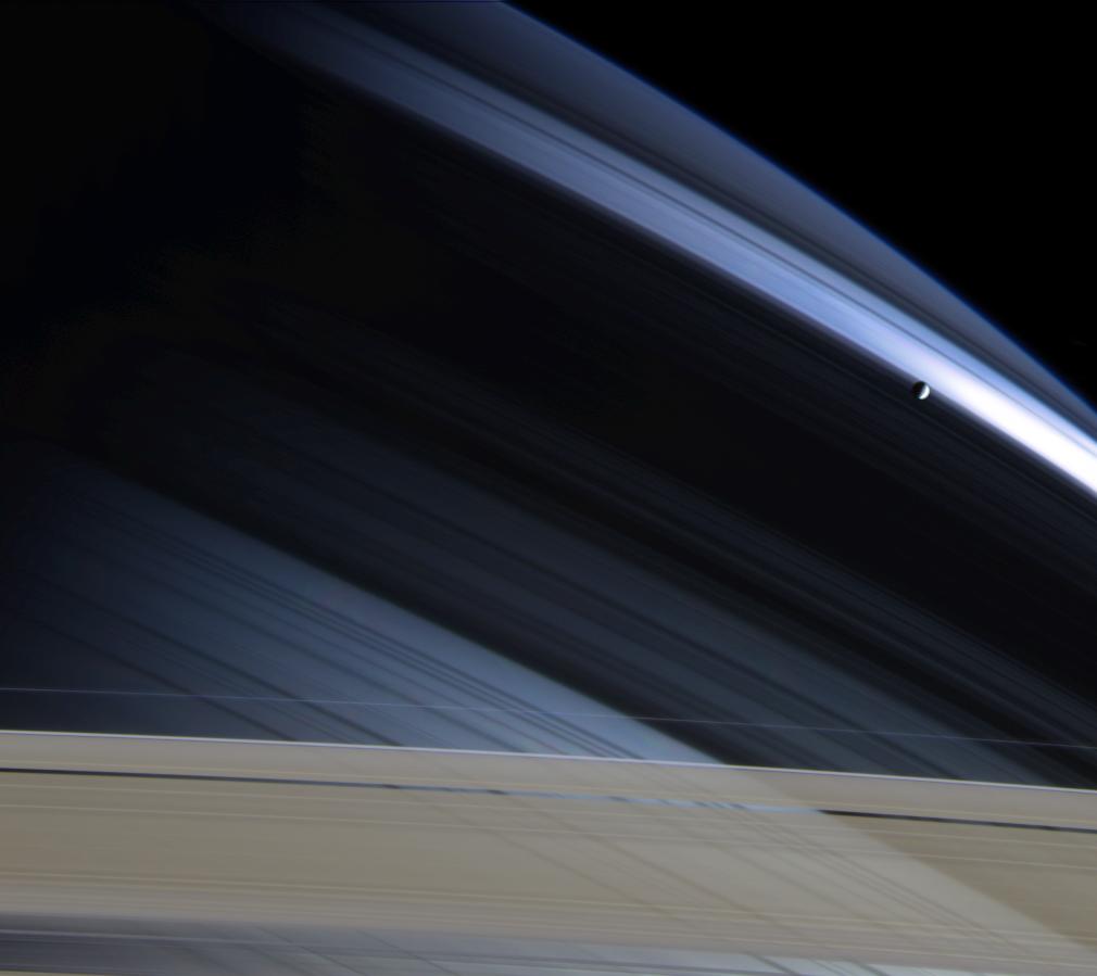 APOD: 2004 December 2 – Mimas, Rings, and Shadows