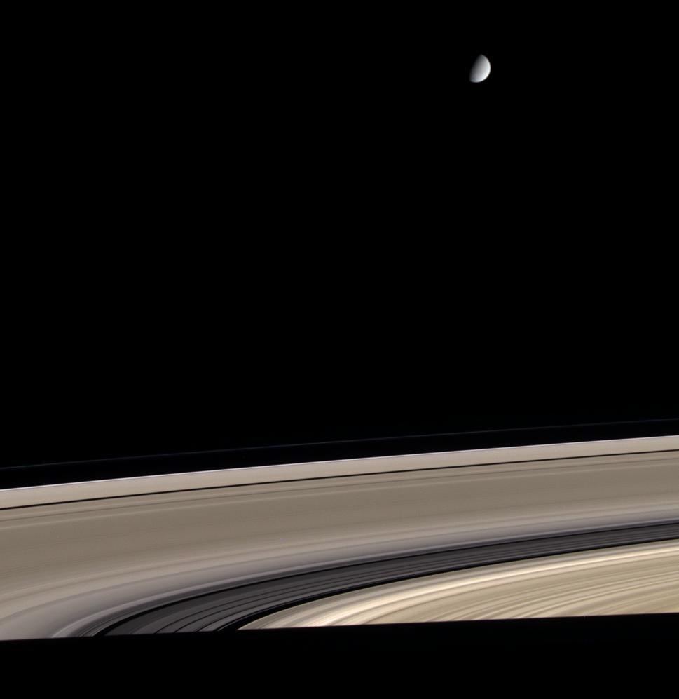 APOD: 2005 June 6 – Saturn: Dirty Rings and a Clean Moon