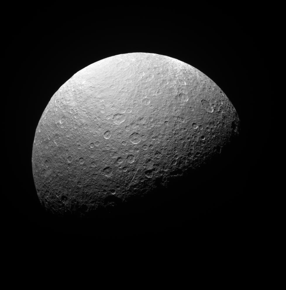 APOD: 2008 May 13 – Ancient Craters of Southern Rhea