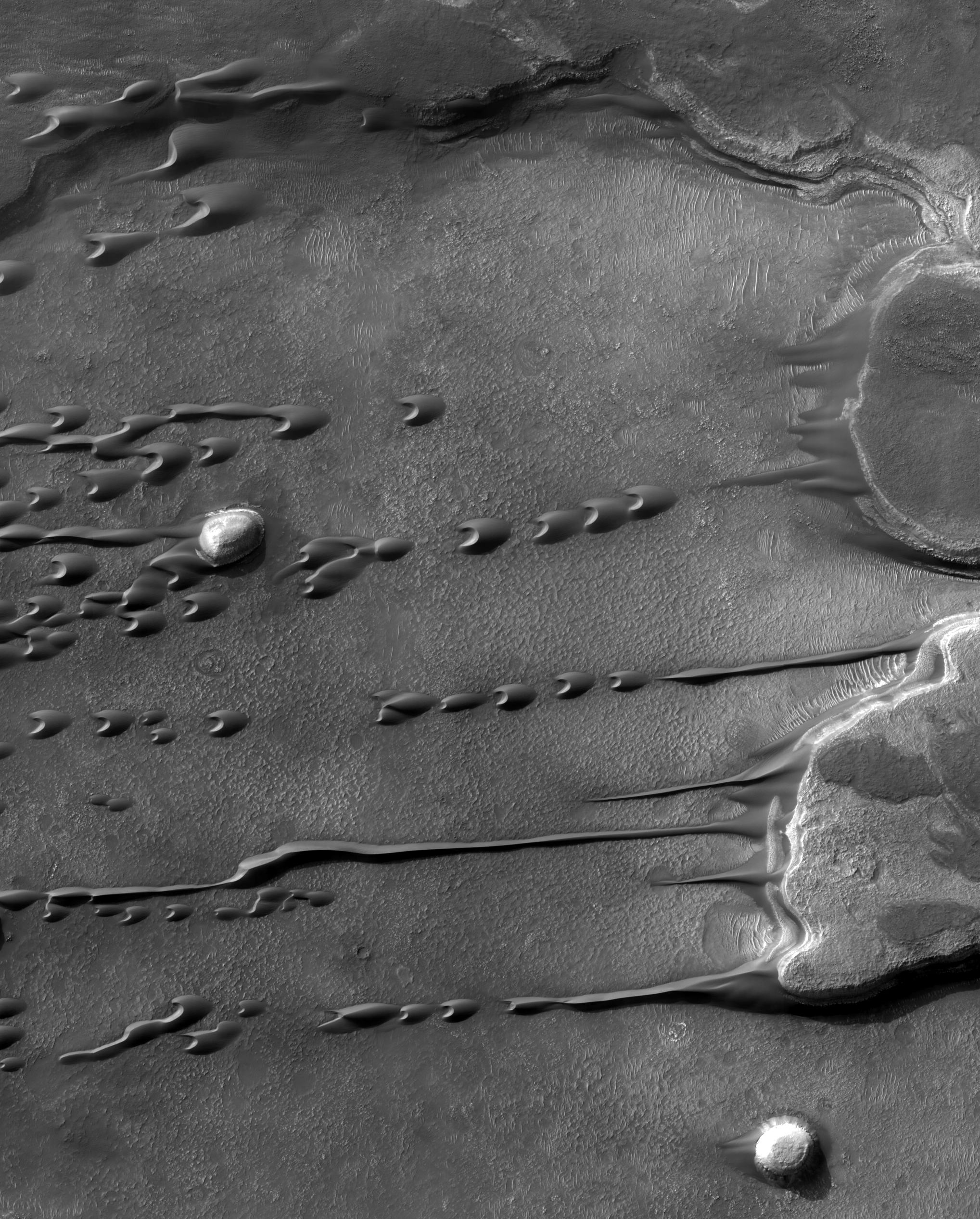 APOD: 2009 April 20 – Flowing Barchan Sand Dunes on Mars