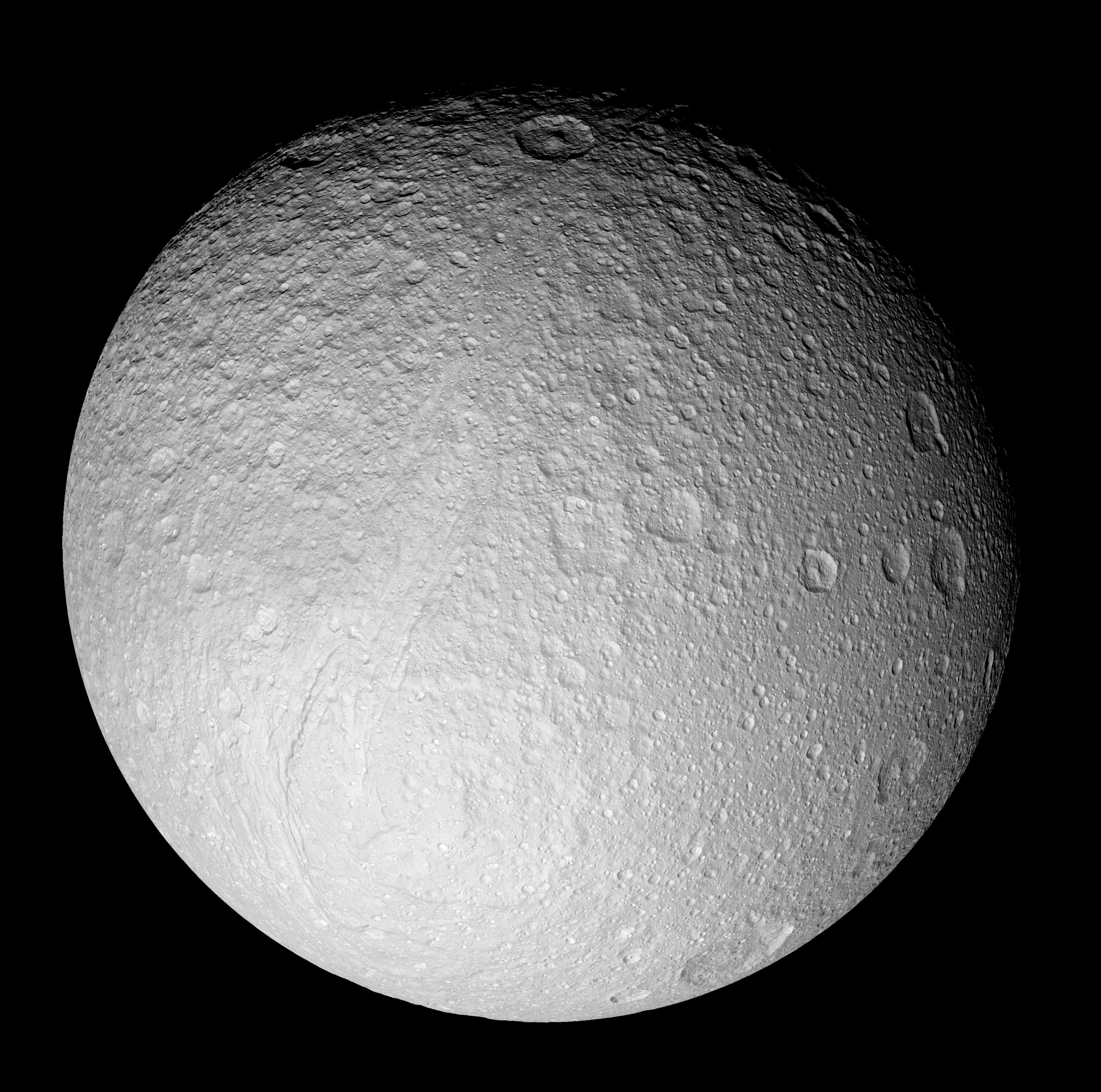 APOD: 2009 December 8 – Ice Moon Tethys from Saturn Orbiting Cassini