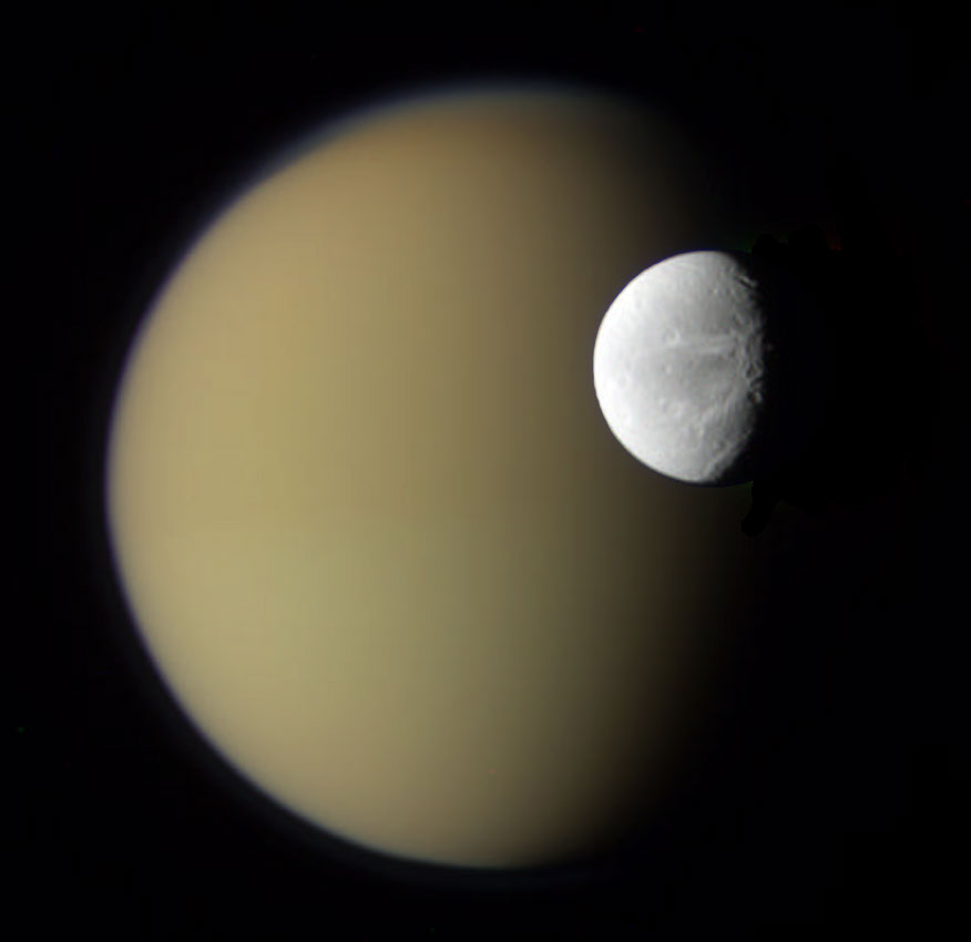Saturn's Moons Dione and Titan from Cassini — APOD for 2010-04-20