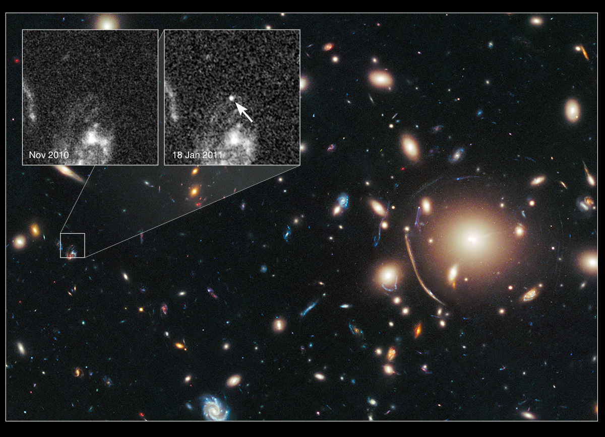 APOD: 2014 May 5 – Galaxy Cluster Magnifies Distant Supernova