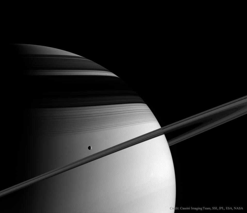 APOD: 2015 April 5 – Saturn, Tethys, Rings, and Shadows