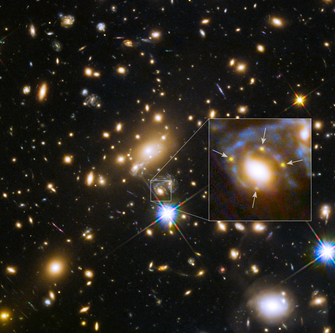 APOD: 2015 March 9 – Galaxy and Cluster Create Four Images of Distant Supernova