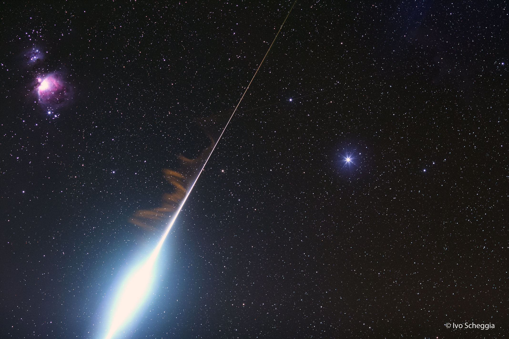 APOD: 2015 November 16 – A Blazing Fireball between the Orion Nebula and Rigel