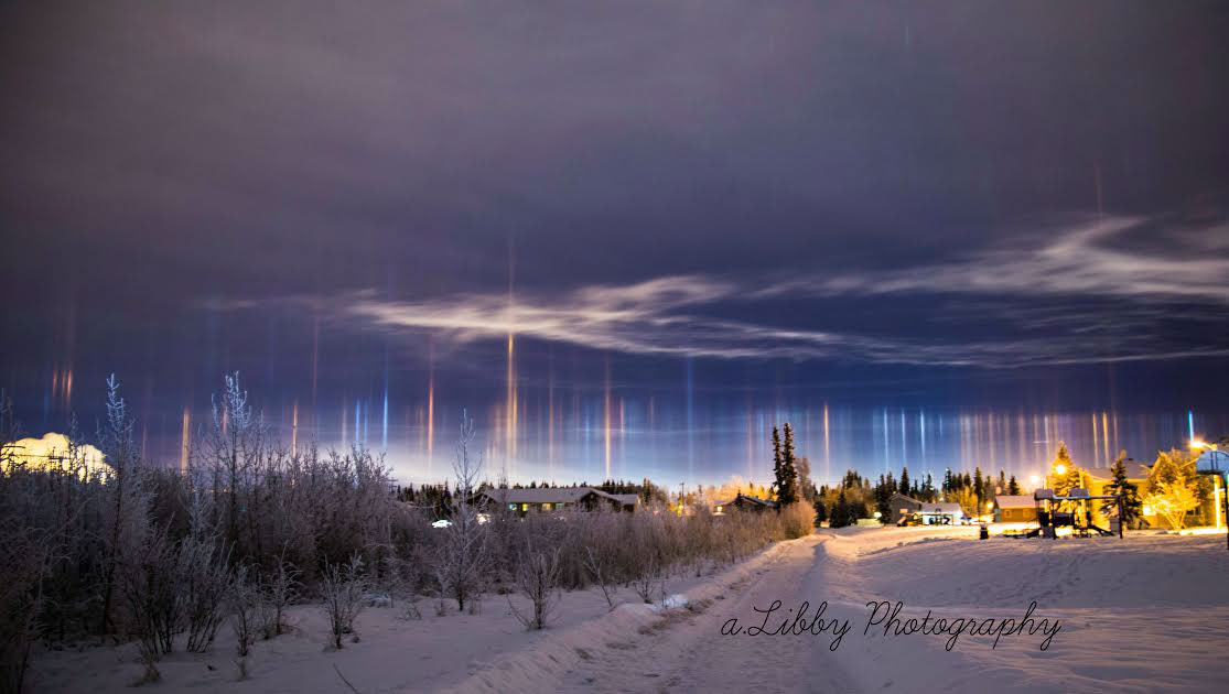 APOD: 2016 February 8 – Light Pillars over Alaska