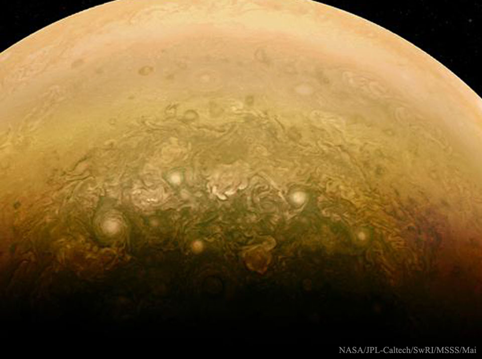 APOD: 2016 October 25 – Clouds Near Jupiter’s South Pole from Juno