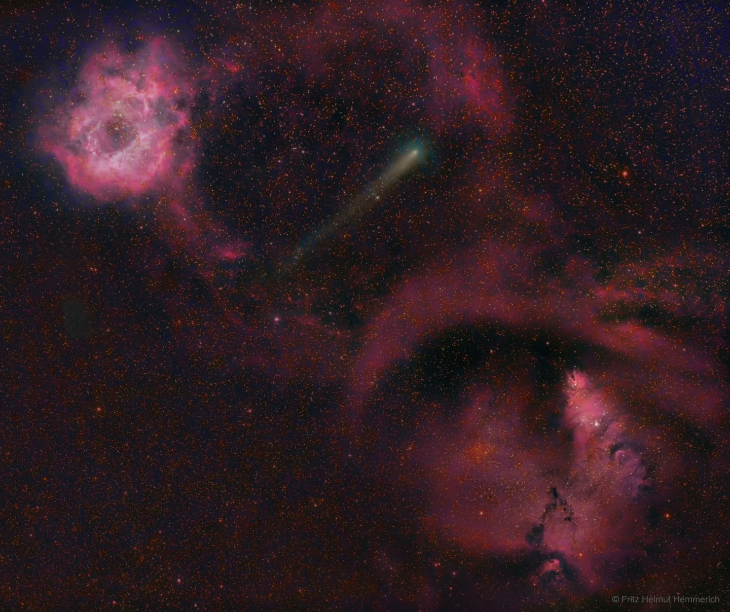 APOD: 2018 October 8 – Comet 21P Between Rosette and Cone Nebulas