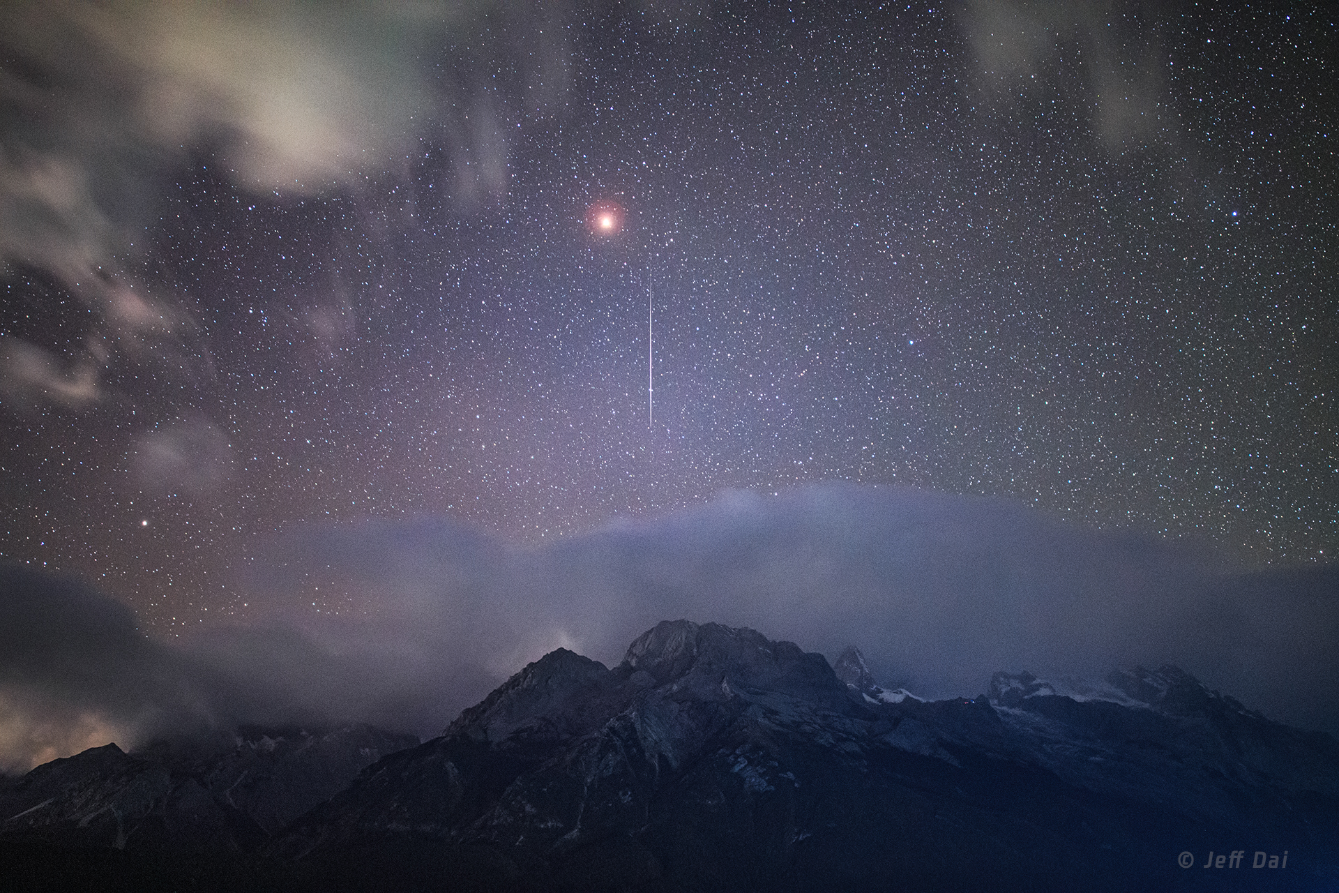 APOD: 2020 November 21 – Mars and Meteor over Jade Dragon Snow Mountain