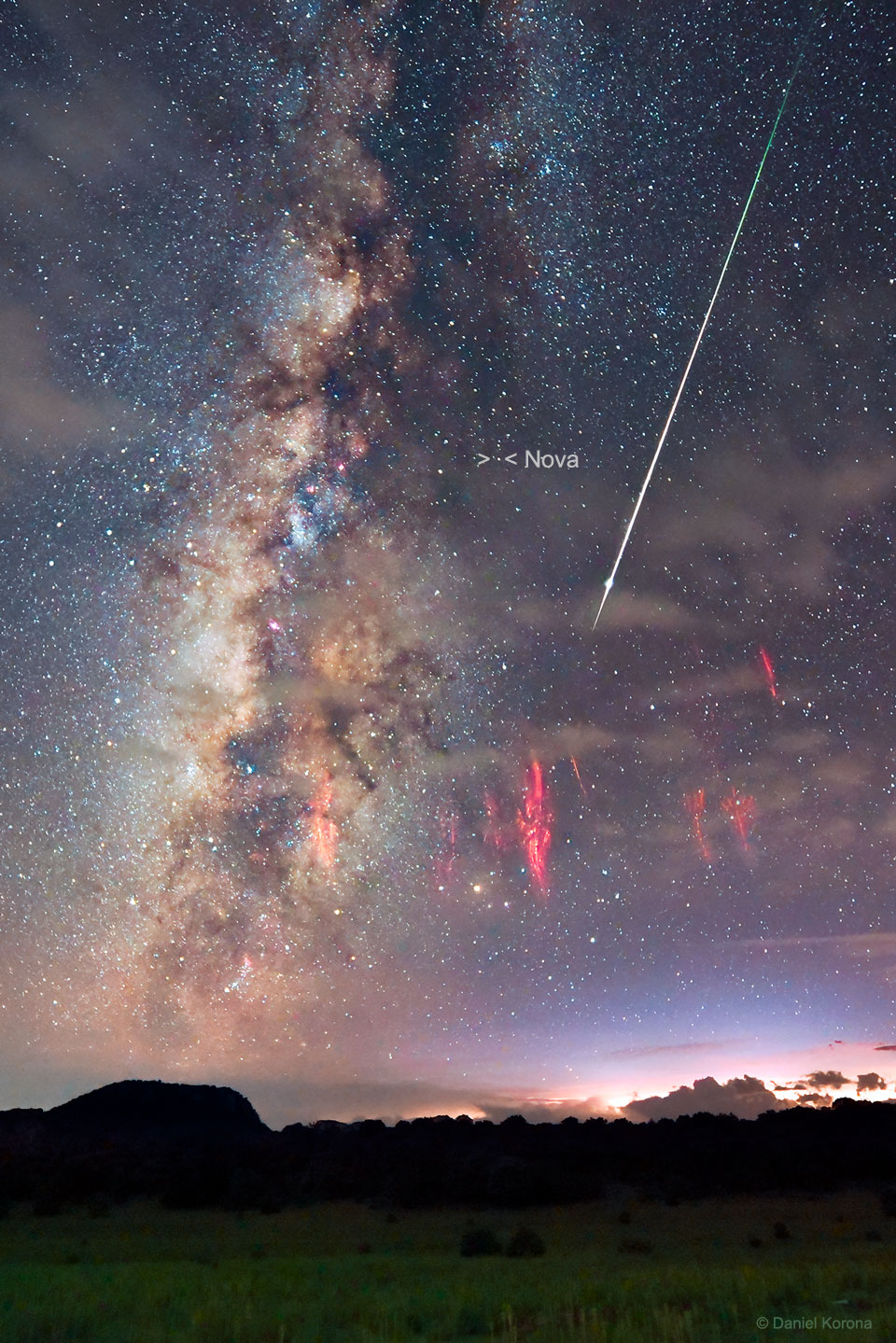 APOD: 2021 August 16 – Perseid Meteor, Red Sprites, and Nova RS Oph