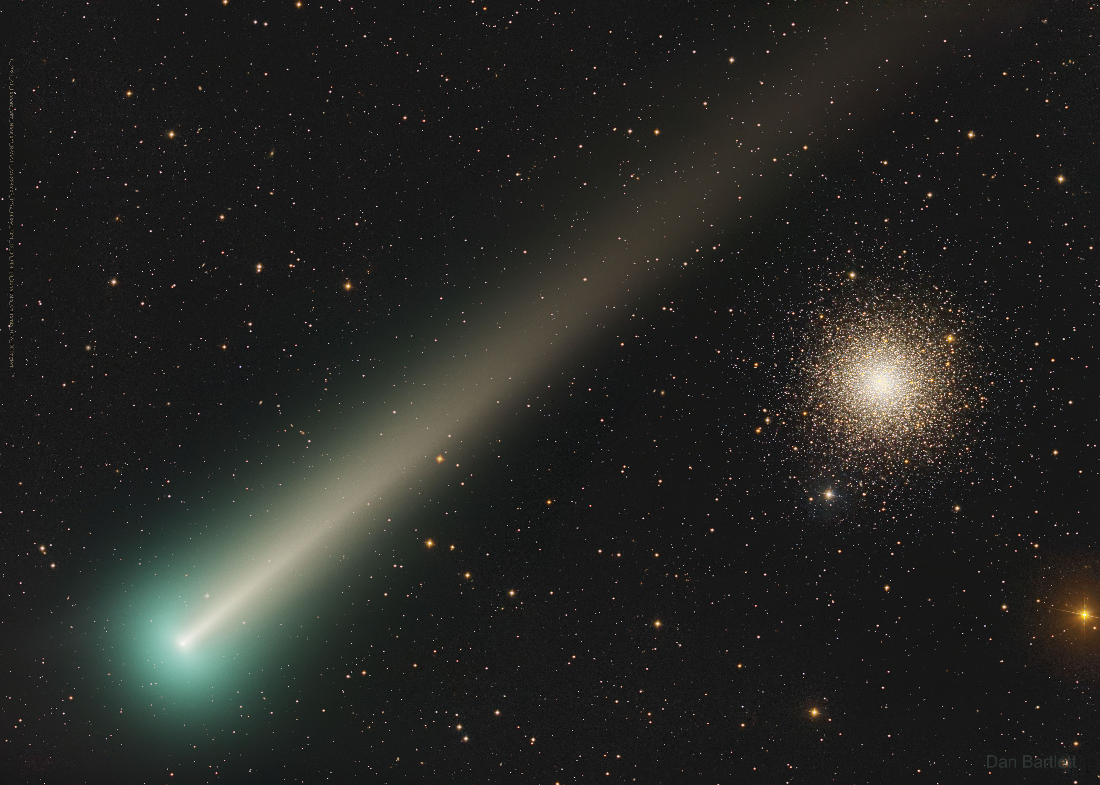 The featured image shows Comet Leonard passing in front of globular star cluster M3. Please see the explanation for more detailed information.