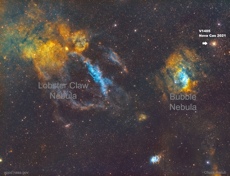 A deep image toward the constellation of Cassiopeia showing transient Nova Cas as it appeared in 2021 March. Please see the explanation for more detailed information.