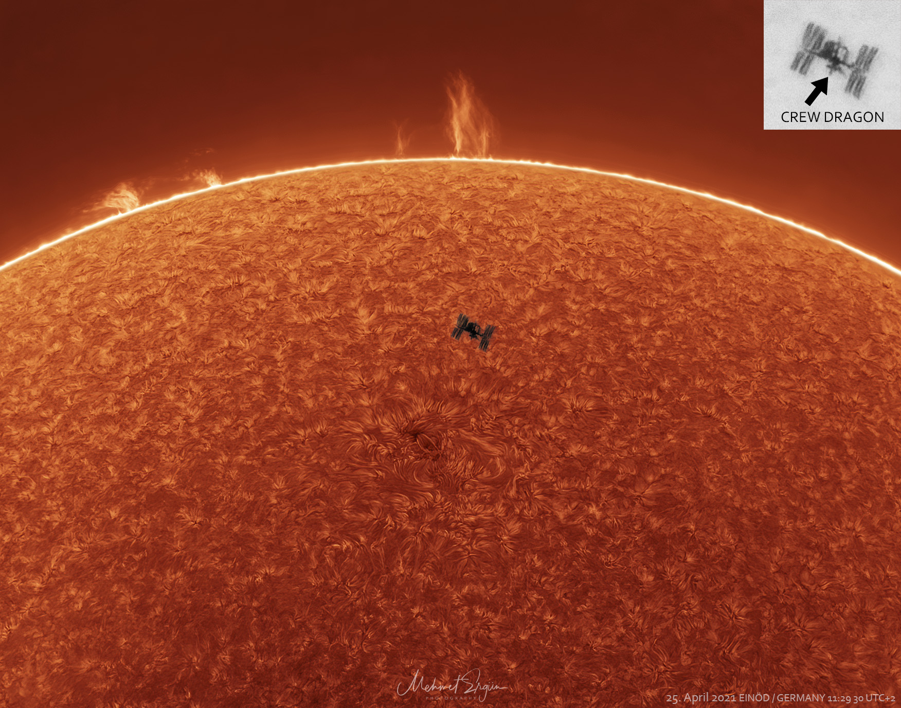 APOD: 2021 May 4 – Space Station, Solar Prominences, Sun