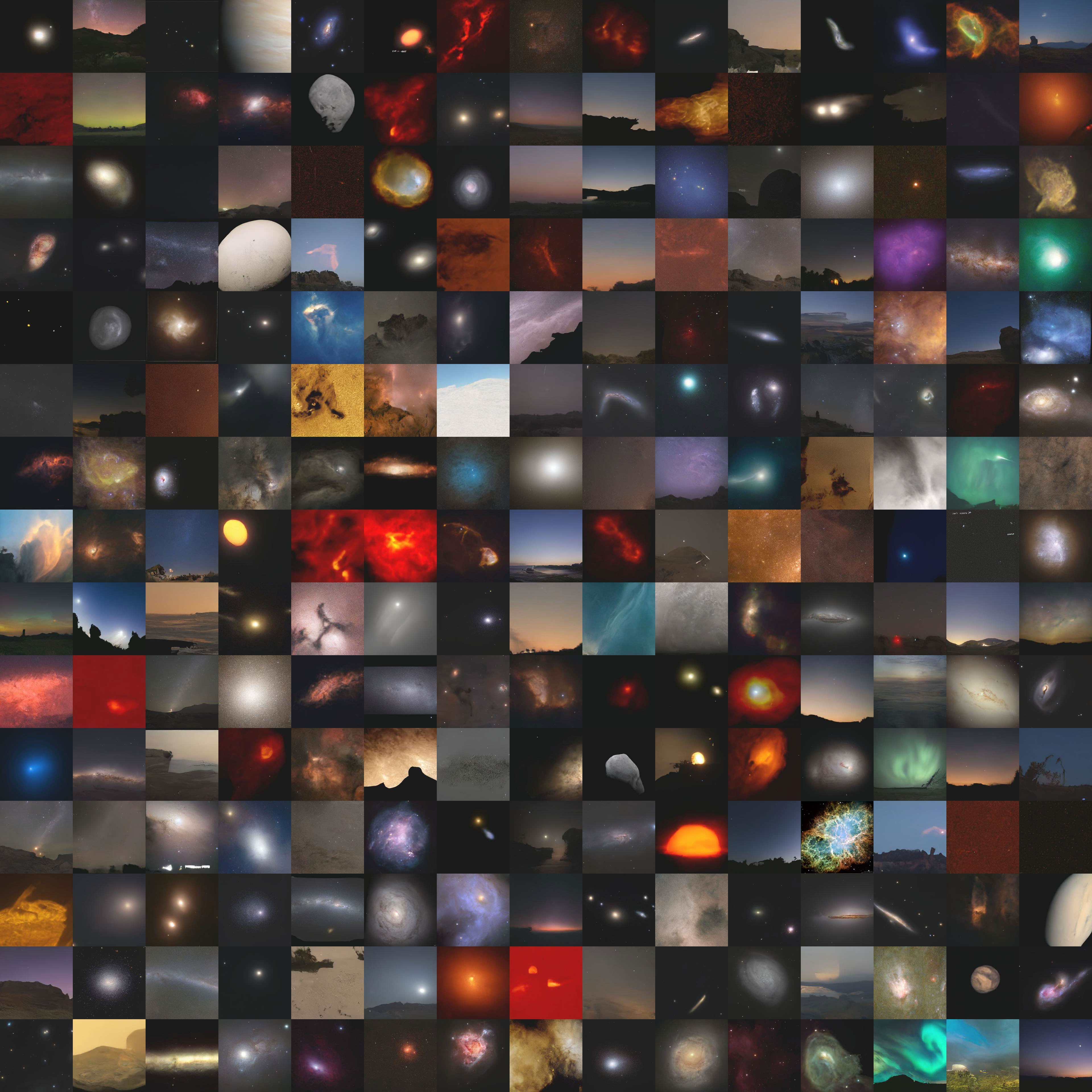 The picture shows 244 astronomy images faked using artificial intelligence -- and one real astronomy image chosen from APOD. Please see the explanation for more detailed information.
