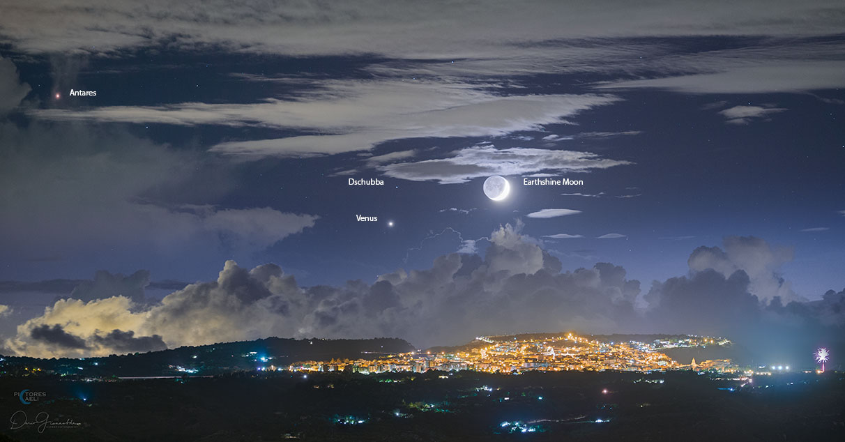 The picture shows the sky over Sicily, Italy earlier this month featuring a crescent moon with Earthshine, Venus, and Antares. Please see the explanation for more detailed information.