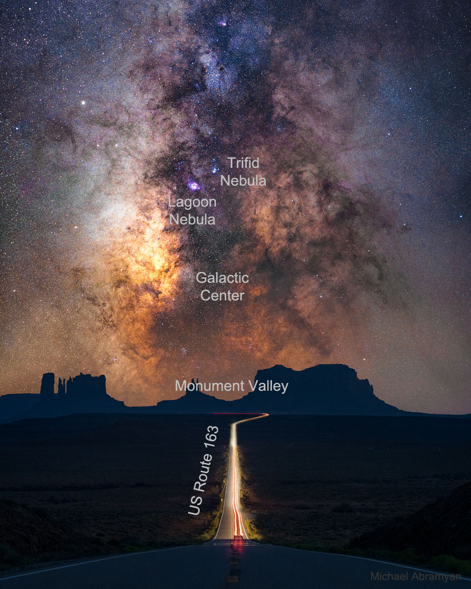 The picture shows the a composite image of Monument Valley, Utah, USA in the foreground, and the plane of the Milky Way Galaxy including the Galactic Center in the background. Please see the explanation for more detailed information.