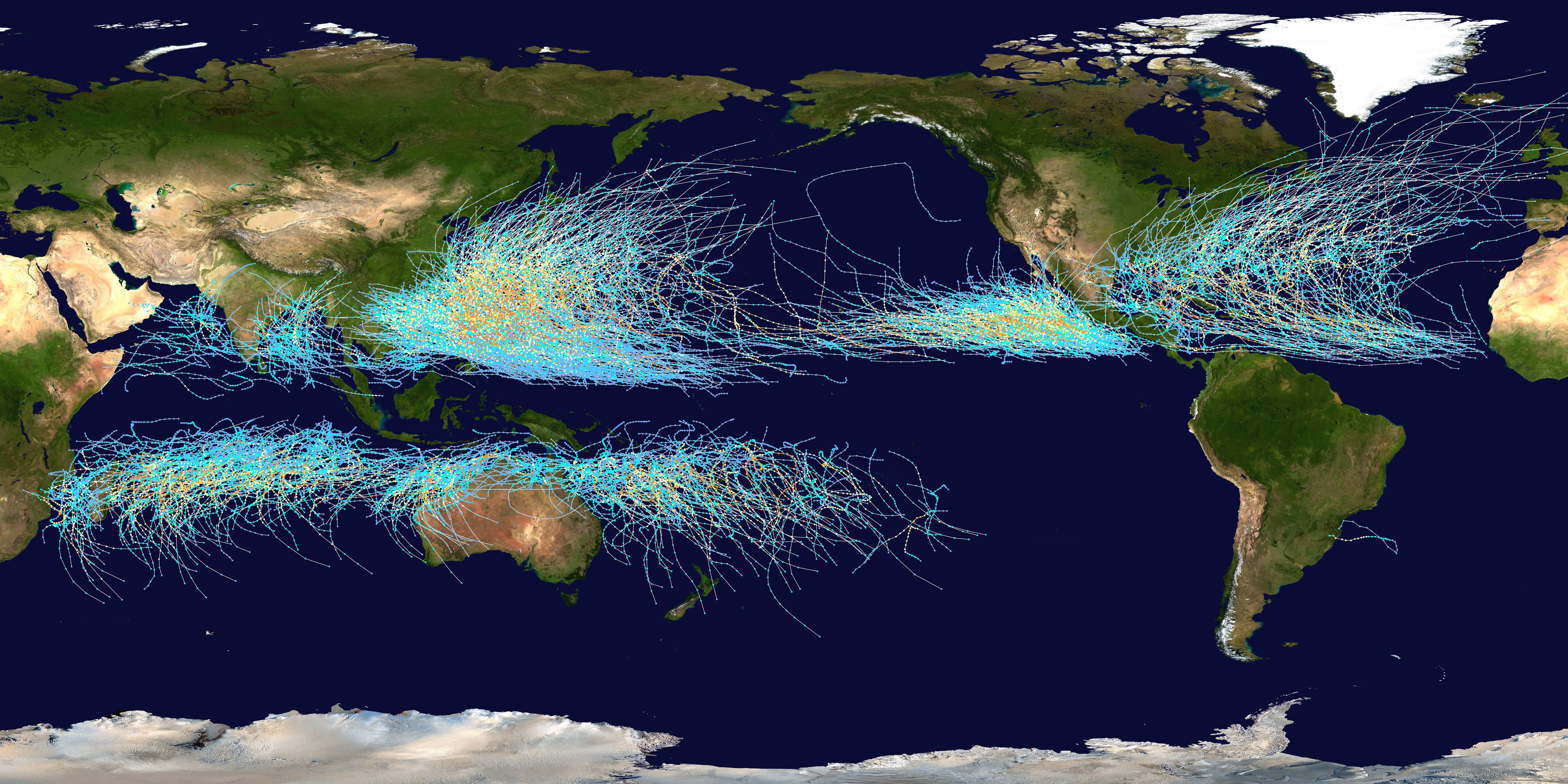 The picture shows a the paths of tropical storms across Earth from 1985 to 2005. Please see the explanation for more detailed information.