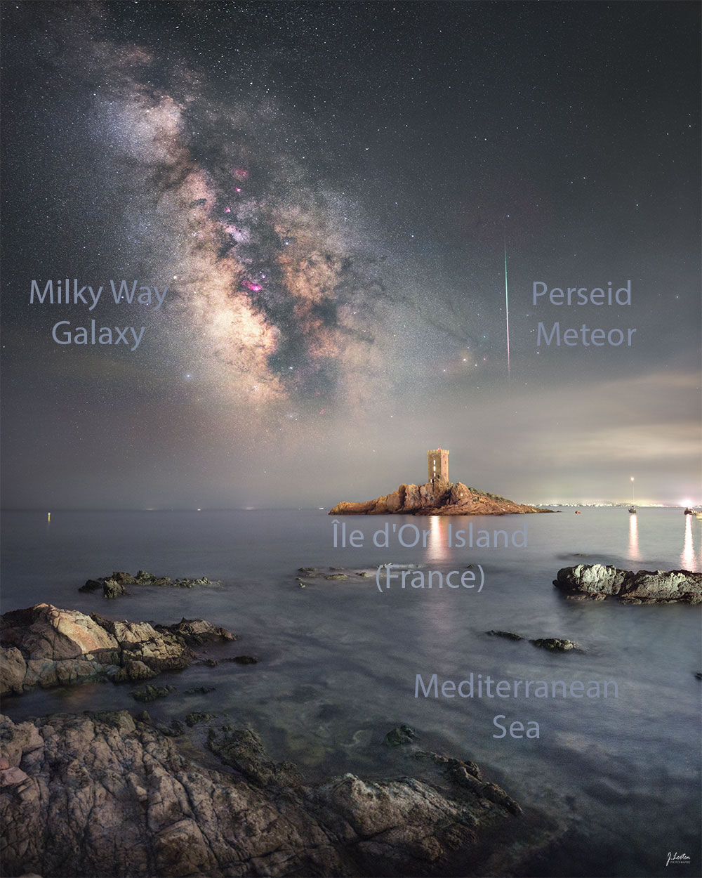 The featured image shows a beach nighscape featuring a bright meteor, the band of our Milky Way Galaxy, and a small island in the Mediterranean Sea of France. Please see the explanation for more detailed information.
