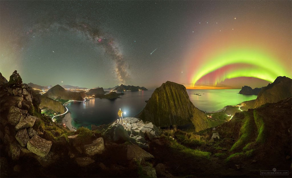 The featured image shows a person standing in mountainous terrain holding a light. Above are many sky icons including auroral arcs, the arc of the Milky Way, a meteor, and the stars of the Big Dipper. Please see the explanation for more detailed information.