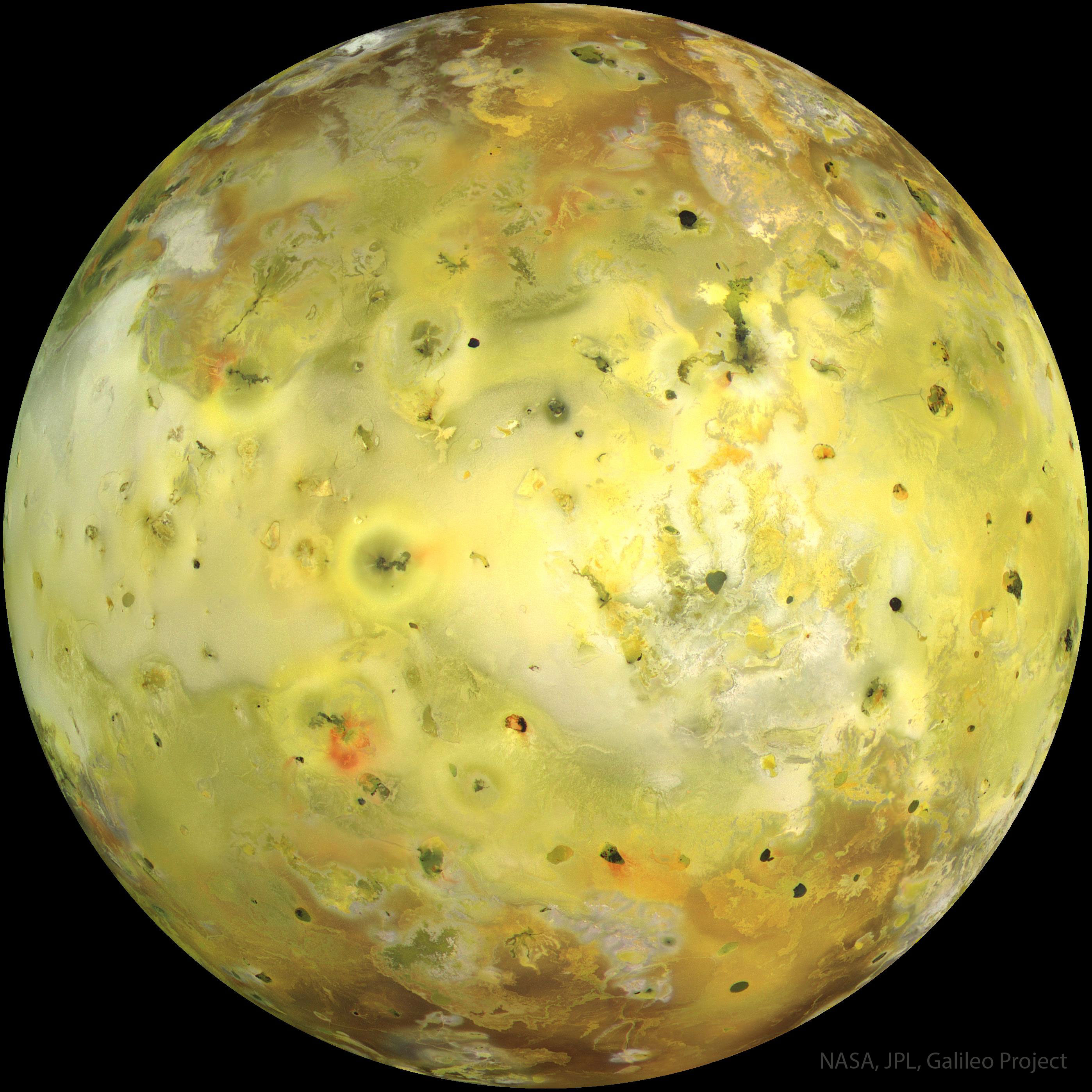 The featured image shows Jupiter's moon Io which is bright yellow from sulfur and covered with volcanoes and volcanic floes. Please see the explanation for more detailed information.